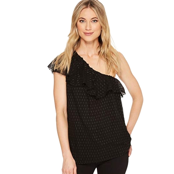 Paige Shandi Blouse Silk Black Ruffle Flutter One Shoulder Lined Top Large - Picture 2 of 10